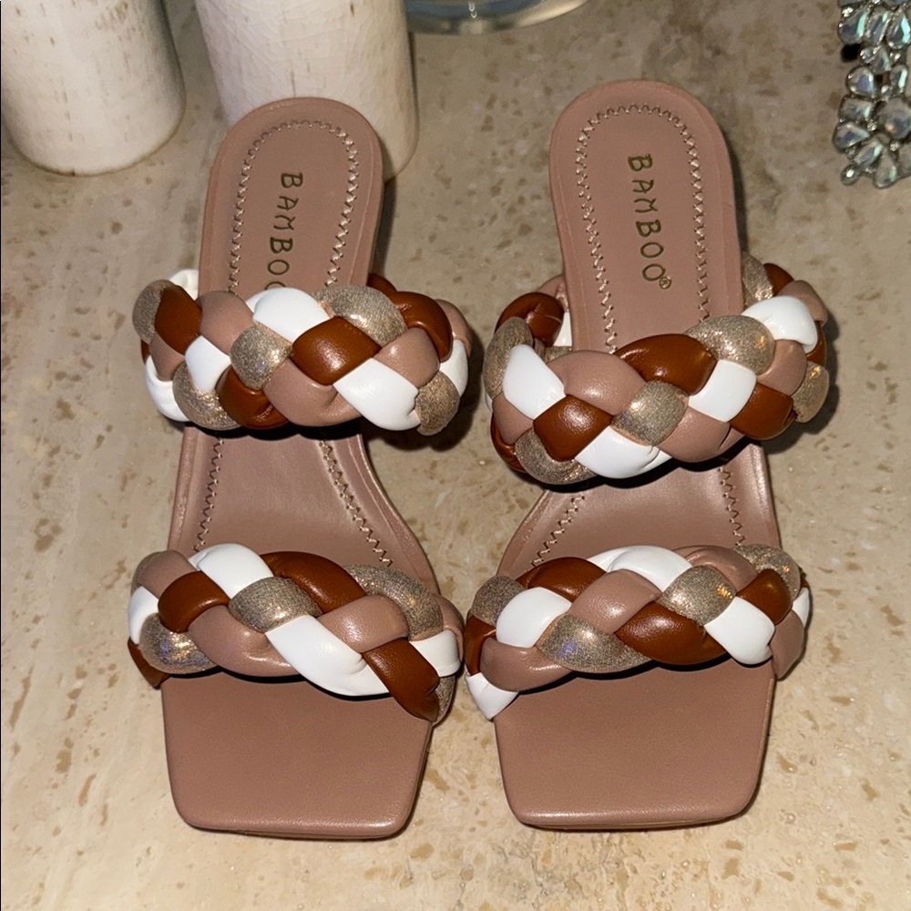 BAMBOO Brown and White Braided Sandals Slip-On